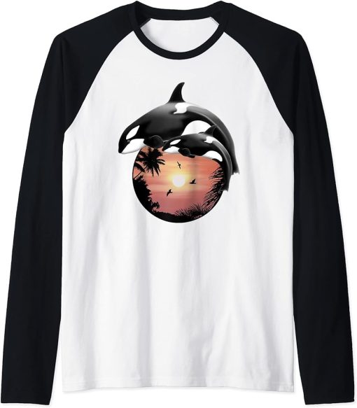 Orca Whales Sunset Raglan Baseball Tee