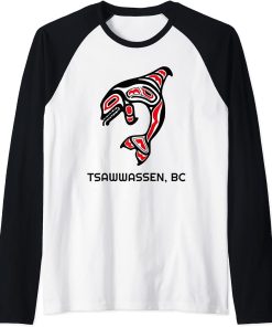 Tsawwassen BC Canada Native Fishermen Orca Killer Whales Art Raglan Baseball Tee