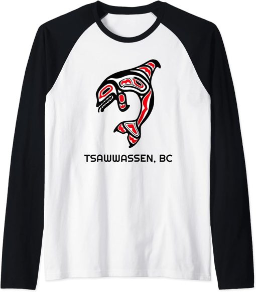 Tsawwassen BC Canada Native Fishermen Orca Killer Whales Art Raglan Baseball Tee