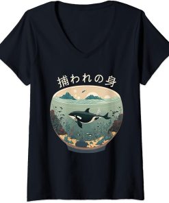 Womens Orca End Captivity Free The Orcas Marine Protection Activist V-Neck T-Shirt