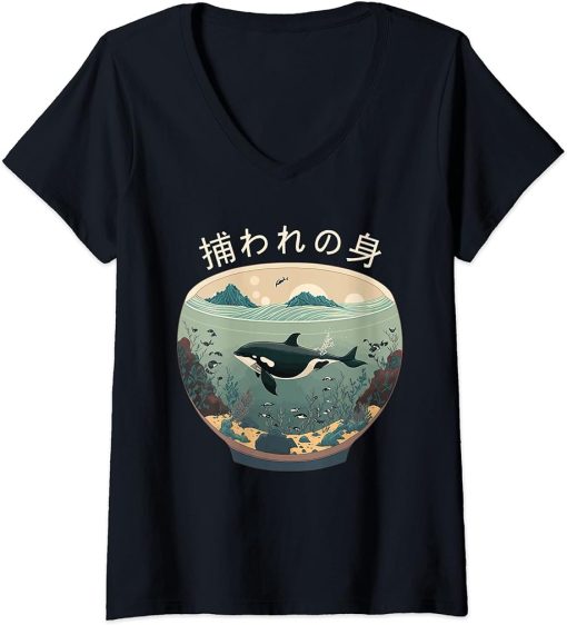 Womens Orca End Captivity Free The Orcas Marine Protection Activist V-Neck T-Shirt